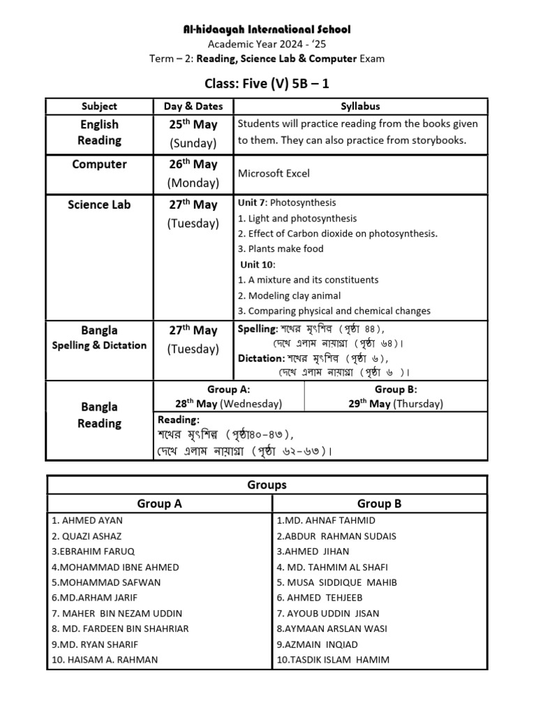 5B - 1 (READING , COMPUTER & SCIENCE LAB ) Exam Schedule | PDF
