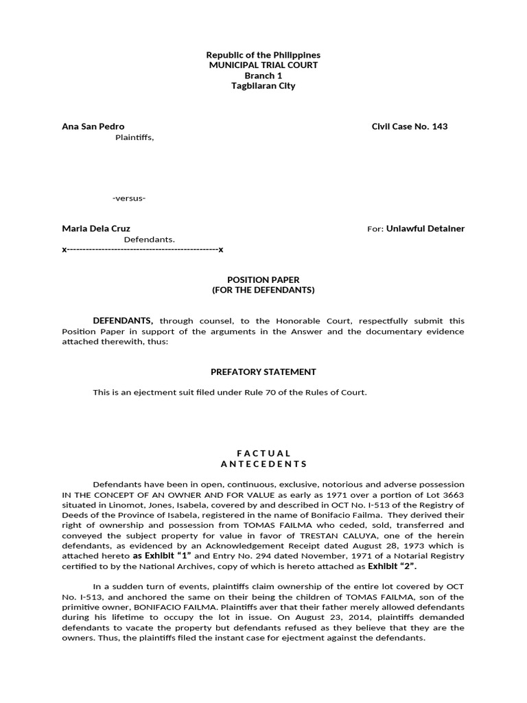 Position Paper on Unlawful Detainer Case | PDF | Complaint | Burden Of ...