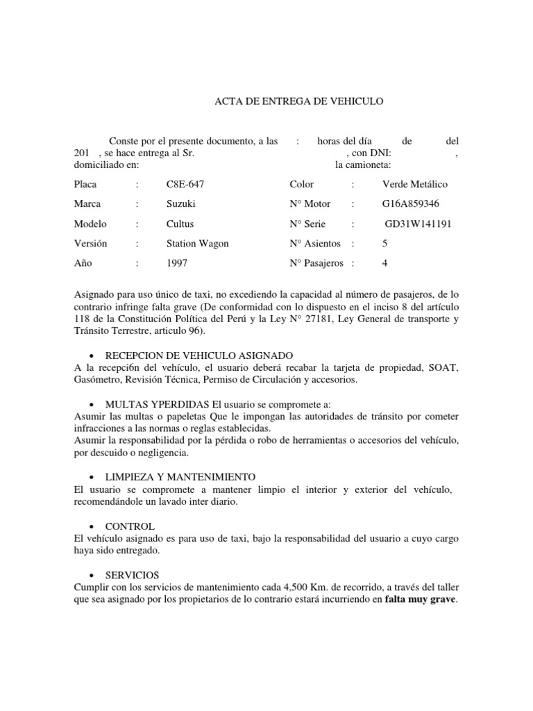 Acta De Entrega De Vehiculo