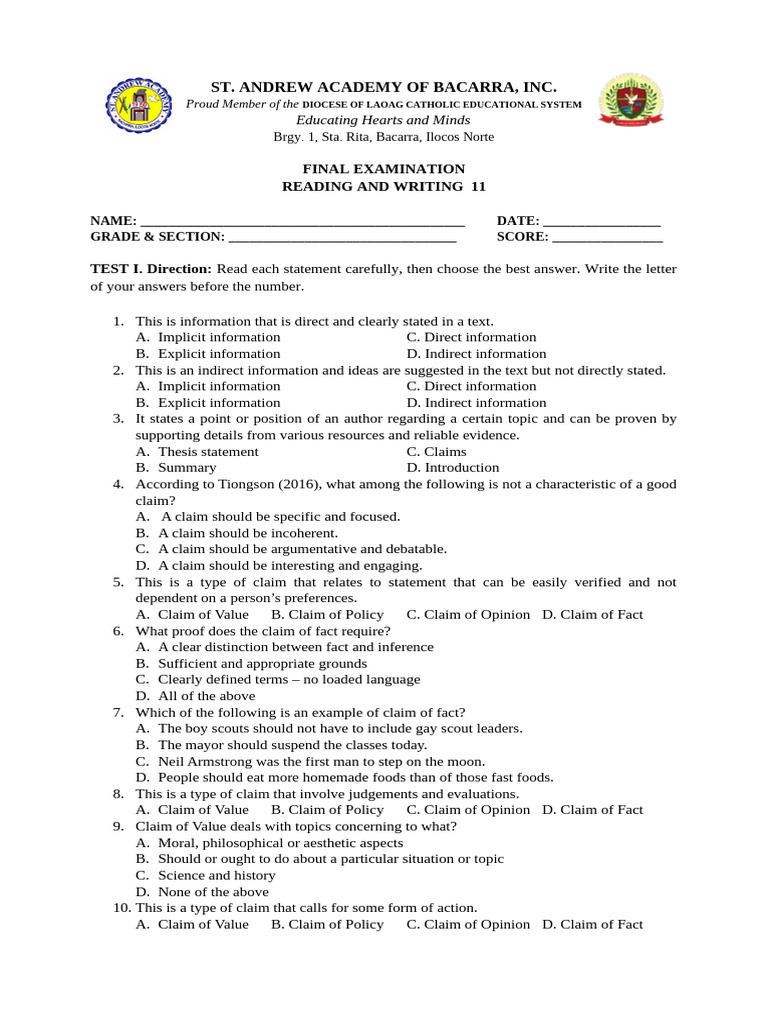 Reading and Writing Exam for Grade 11 | PDF | Reading Comprehension ...