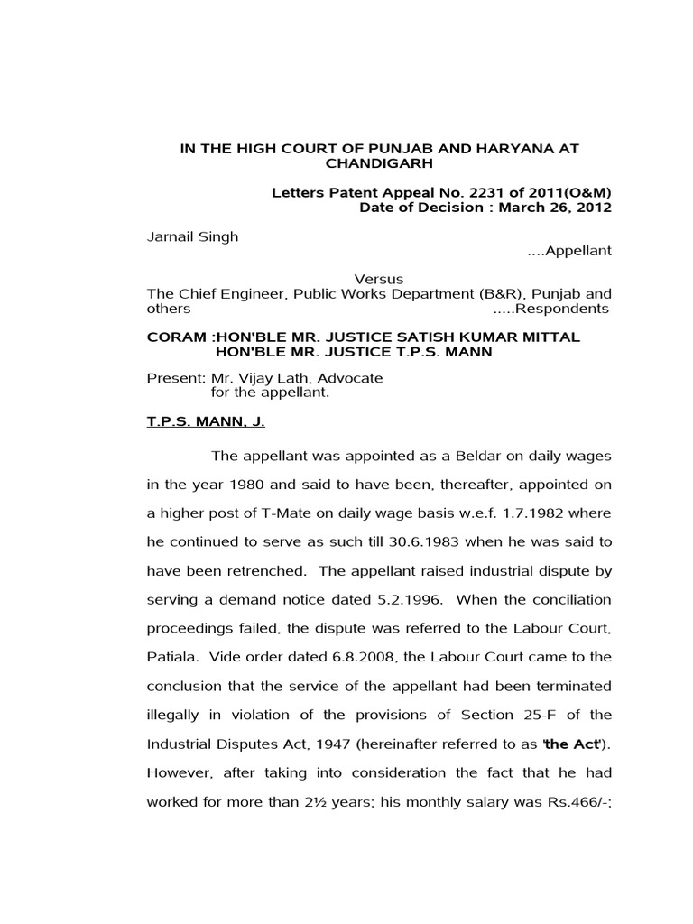 Punjab High Court Ruling on Employment Appeal | PDF | Appeal ...