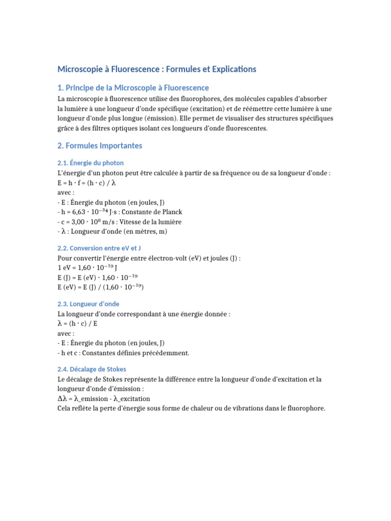 Microscopie à Fluorescence : Principes et Formules | PDF