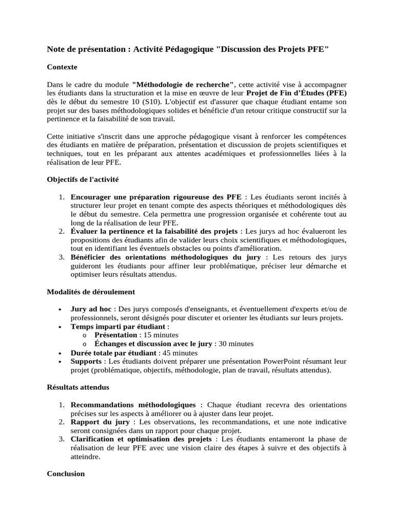 Discussion des Projets PFE : Guide Méthodologique | PDF | Pédagogie