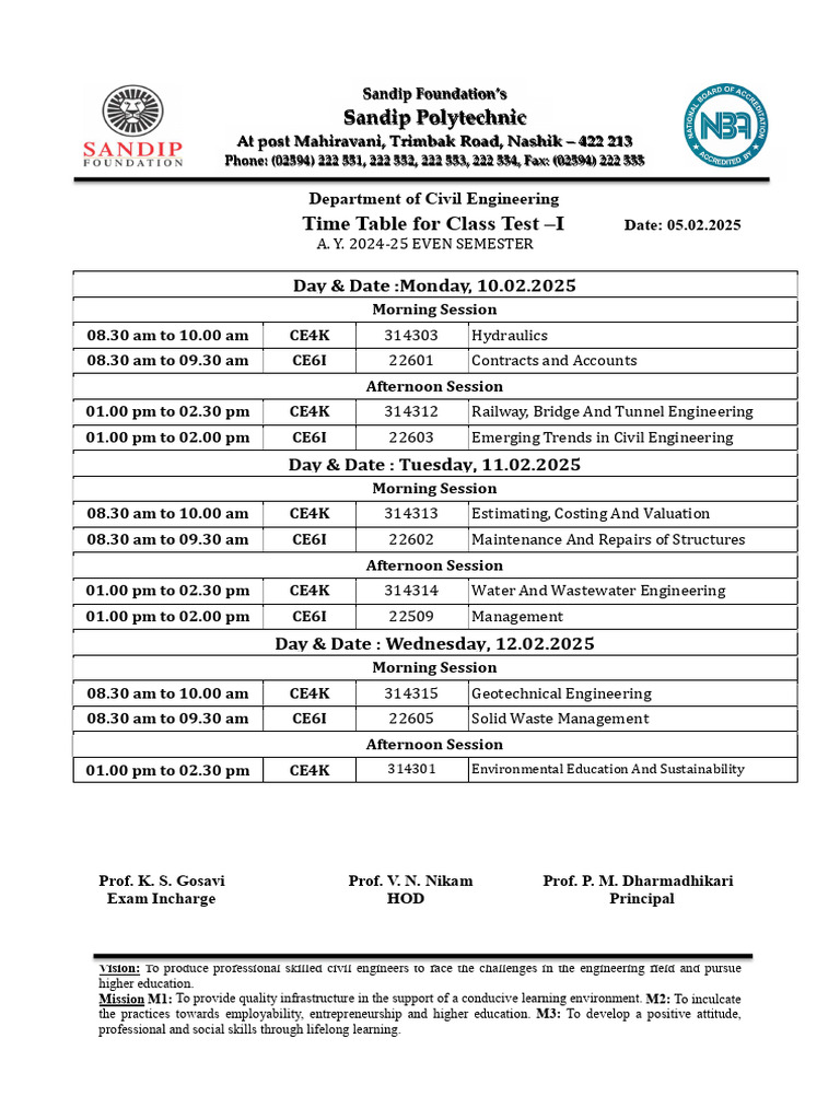 Civil Engineering Class Test Schedule 2025 | PDF | Civil Engineering