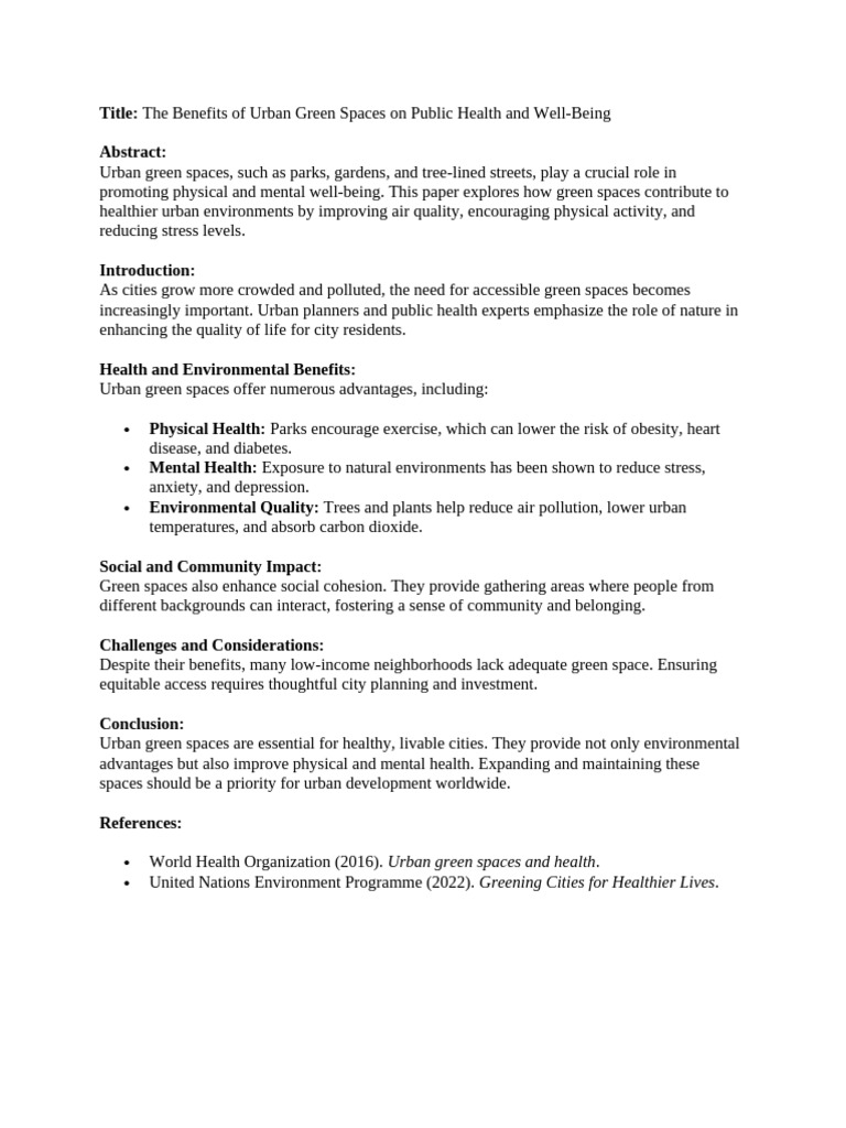 The Benefits of Urban Green Spaces On Public Health and Well-Being | PDF