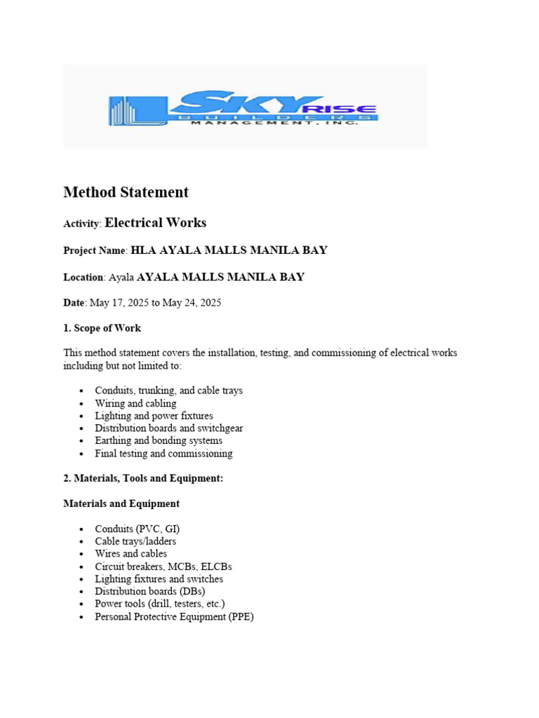 Method Statement of Electrical Works For HLA AYALA MALLS MANILA BAY ...