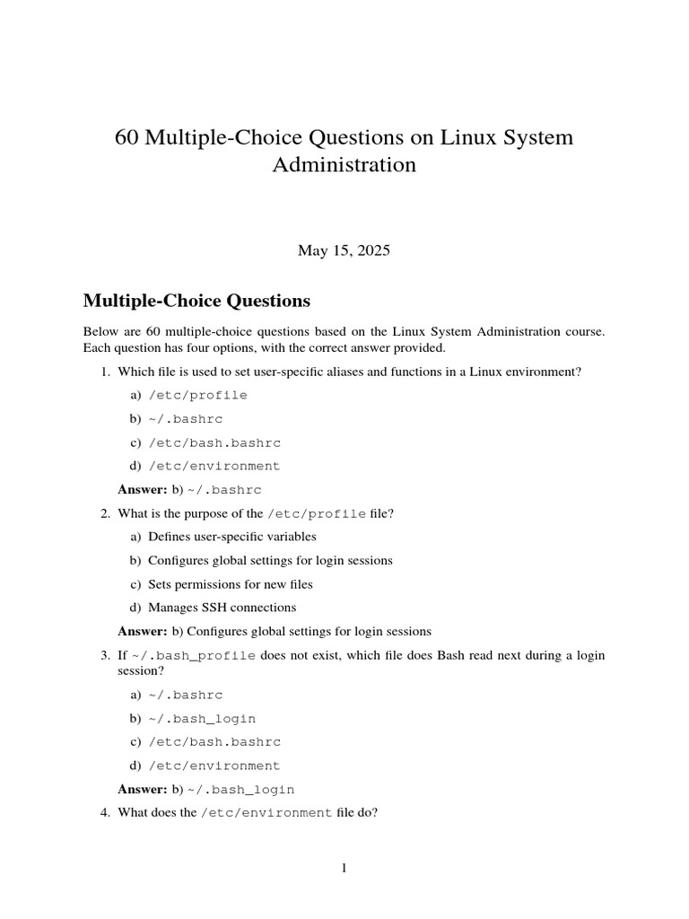 Linux System Admin MCQ Compilation | PDF | Secure Shell | Sudo