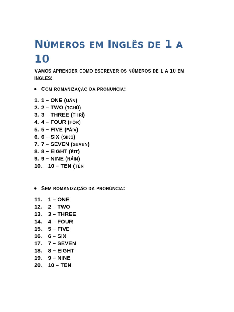 Números de 1 a 10 em Inglês | PDF