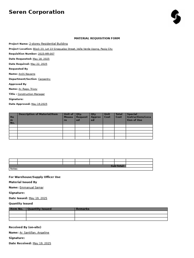 Material Requisition Form for Construction | PDF