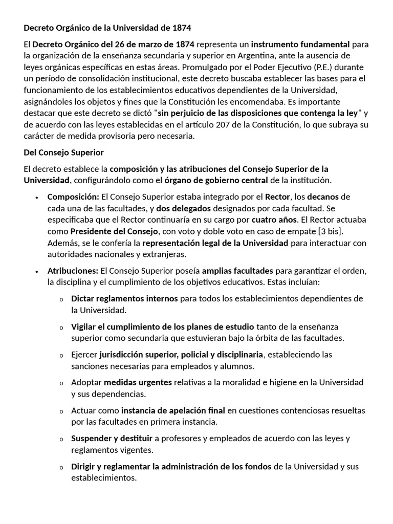Decreto Orgánico Universitario de 1874 | PDF | Regulación | Universidad