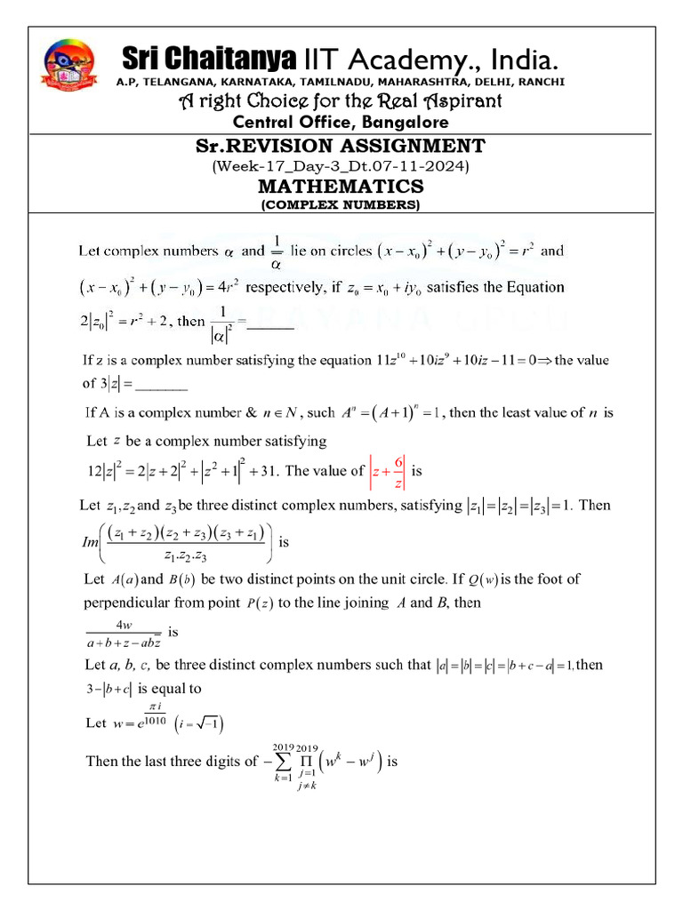 Complex Numbers Revision Assignment | PDF | Complex Number | Arithmetic