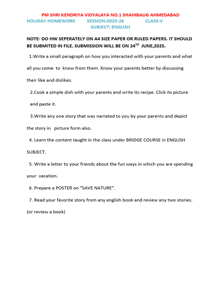 Class 5 Holiday Homework 2025-26 | PDF