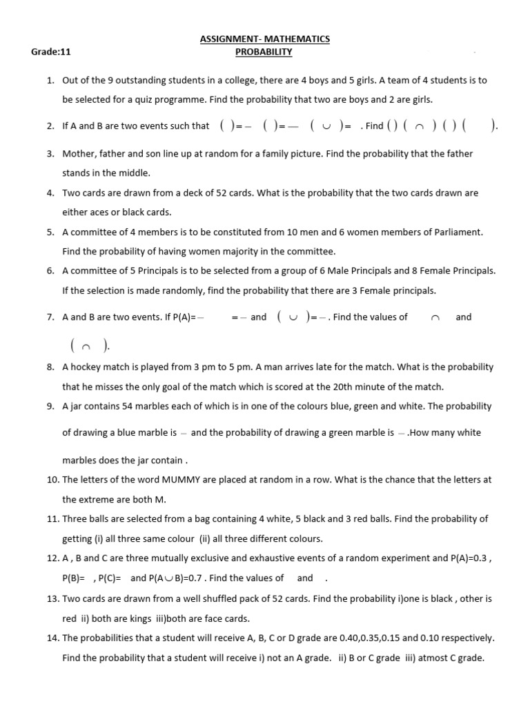 Grade 11 Mathematics Probability Problems | PDF | Probability ...