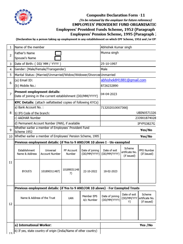 Employee Provident Fund Declaration Form | PDF | Access Control ...