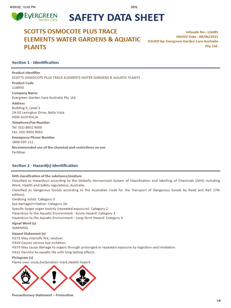 SDS - Scotts Osmocote Water Gardens &amp; Aquatic Plants - 220608 | PDF ...