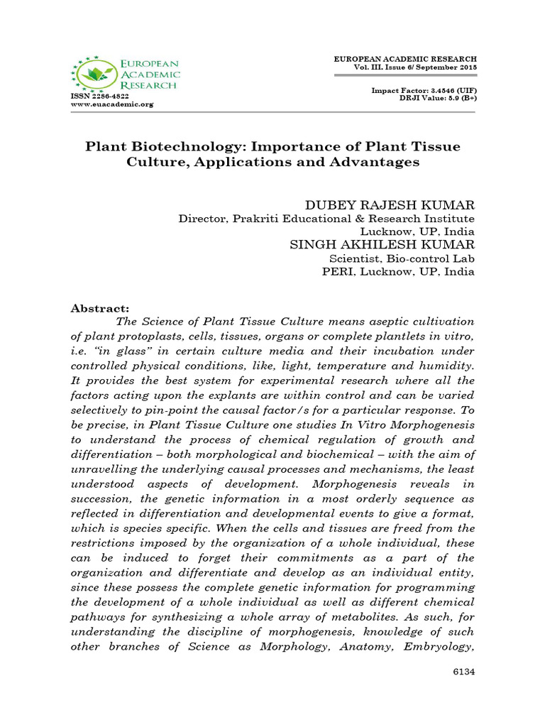 Plant Tissue Culture: Importance & Benefits | PDF | Botany | Plants