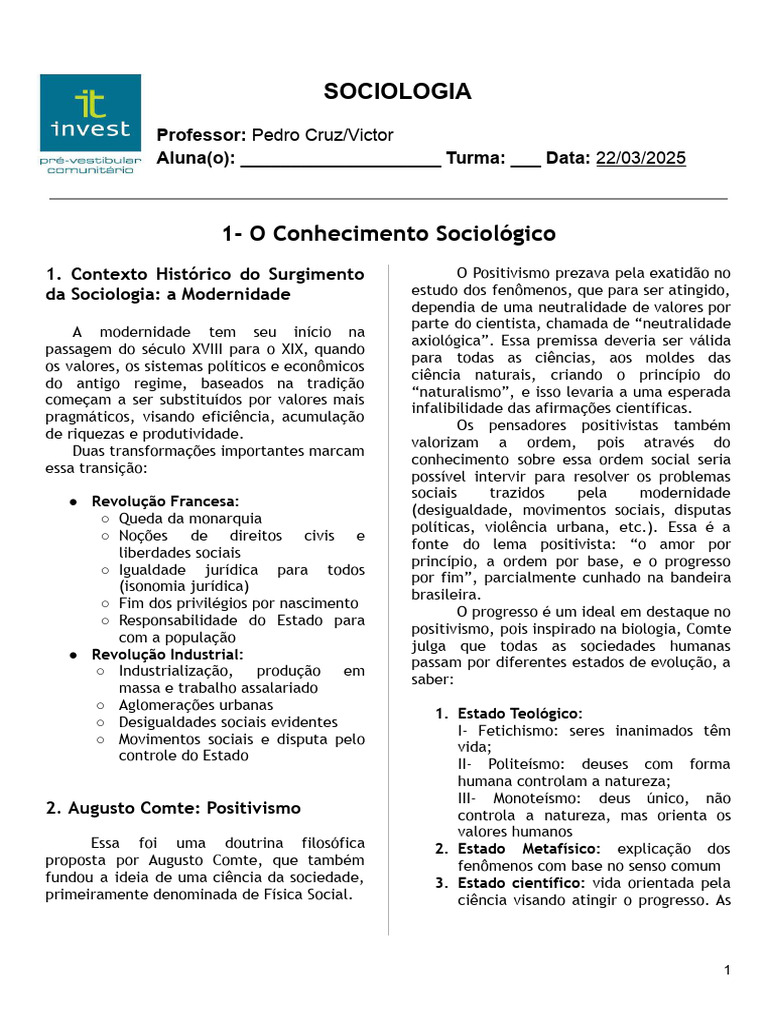 1 - O Conhecimento Sociológico | PDF | Sociologia | Émile Durkheim