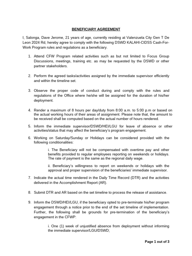 Beneficiary Agreement for CFW Program | PDF | Overtime | Labor