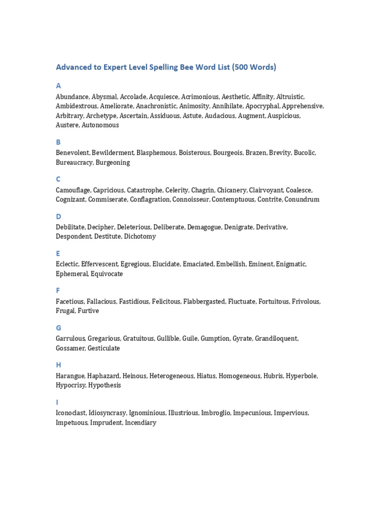 Expert Spelling Bee Word List | PDF
