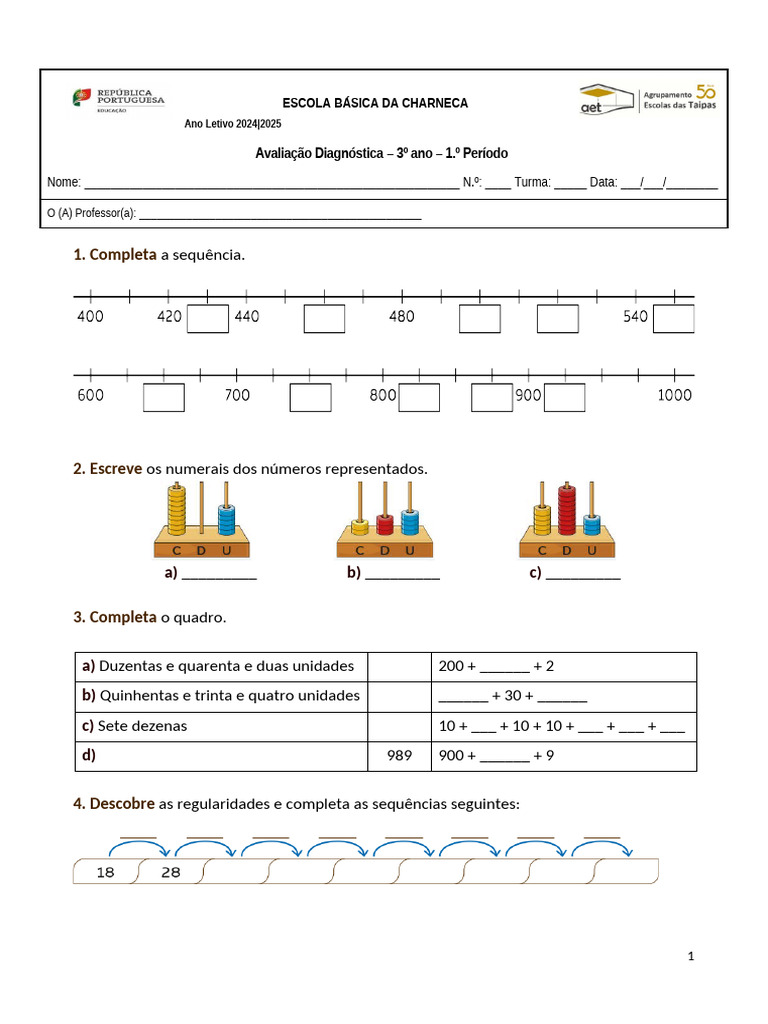 Avaliação Diagnóstica 3º Ano 2024/2025 | PDF | Matemática | Aritmética