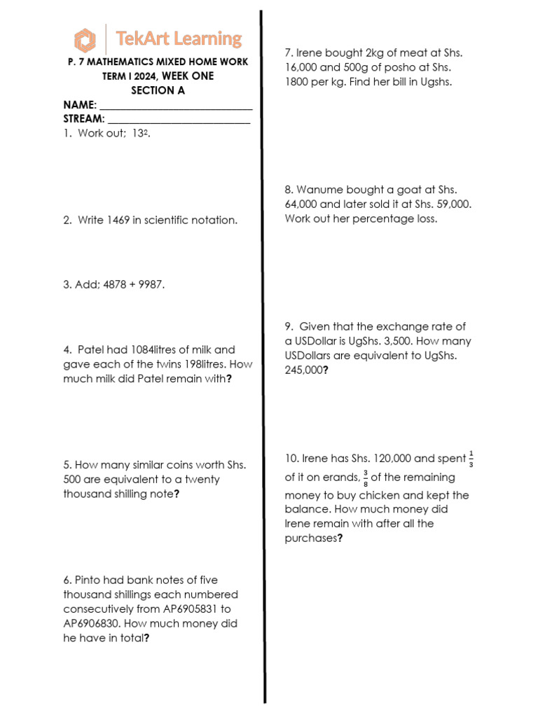 Term 1 Math Homework Week 1 | PDF