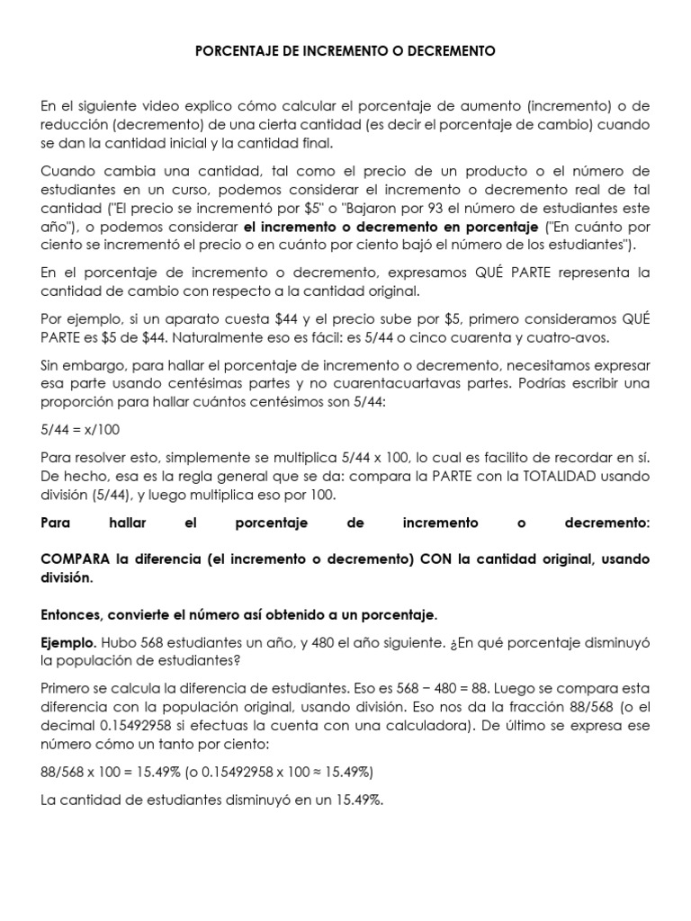 Porcentaje de Incremento o Decremento | PDF | Porcentaje | Matemáticas