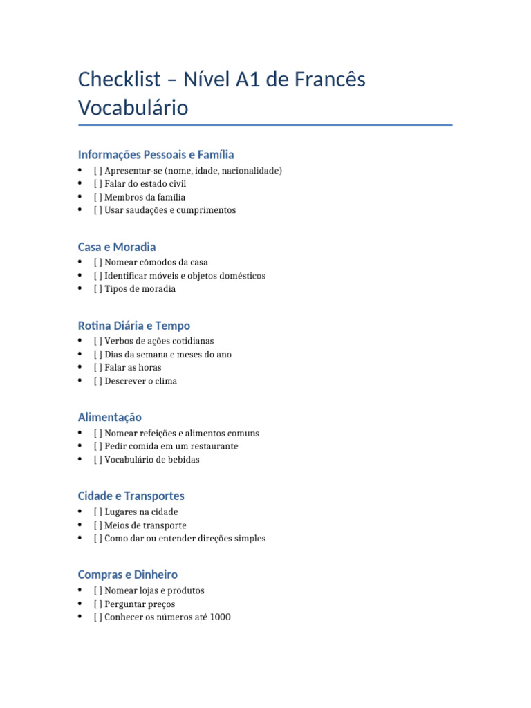 Checklist Nível A1 Françês | PDF