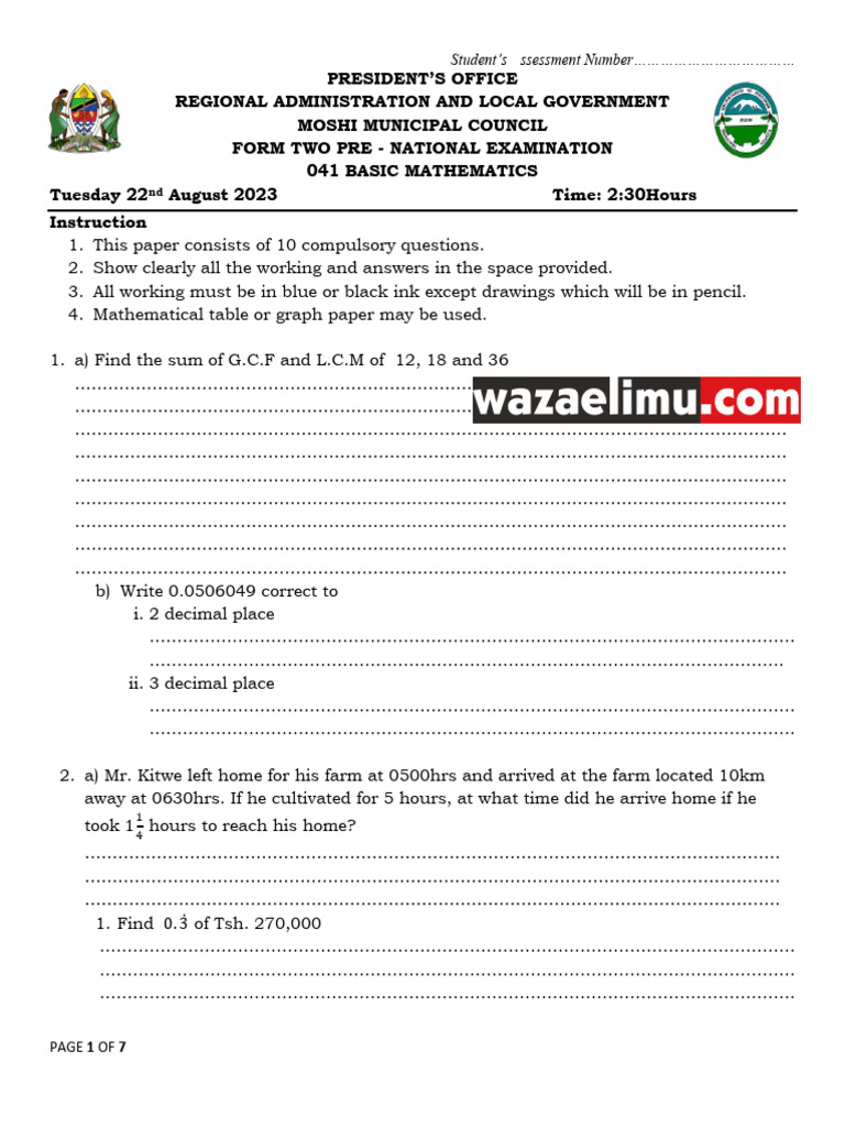 Form Two Pre-National Math Exam 2023 | PDF | Mathematics