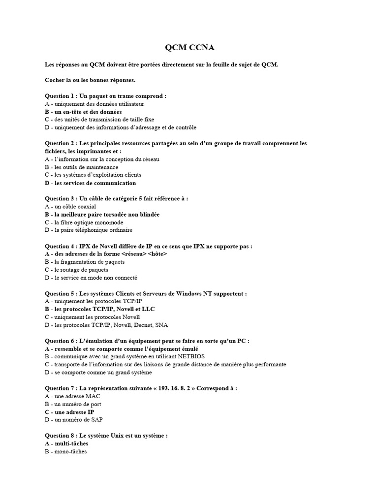 QCM CCNA : Concepts et Protocoles | PDF | Commutateur réseau ...