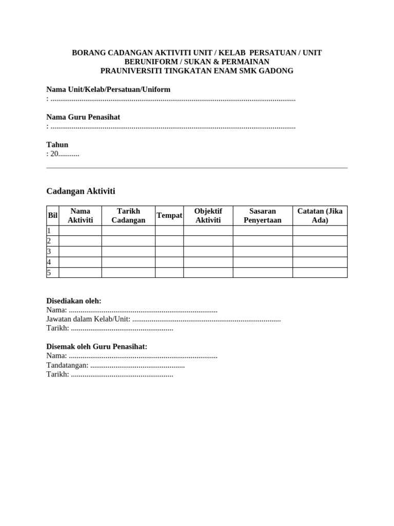 Borang Cadangan Aktiviti Unit | PDF
