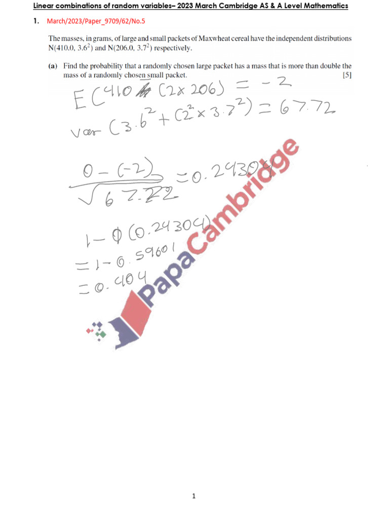 2023m Linear Combinations of Random Variables A2 Math 9709 | PDF
