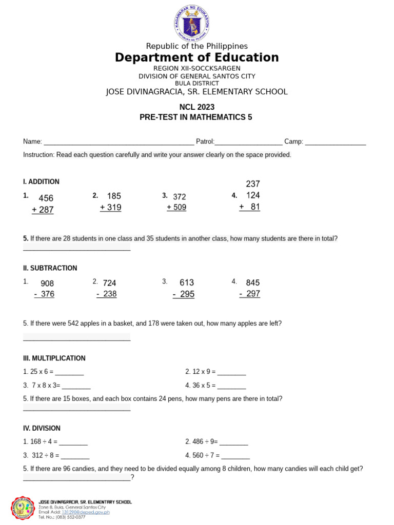 Math Pre-Test for Grade 5 Students | PDF