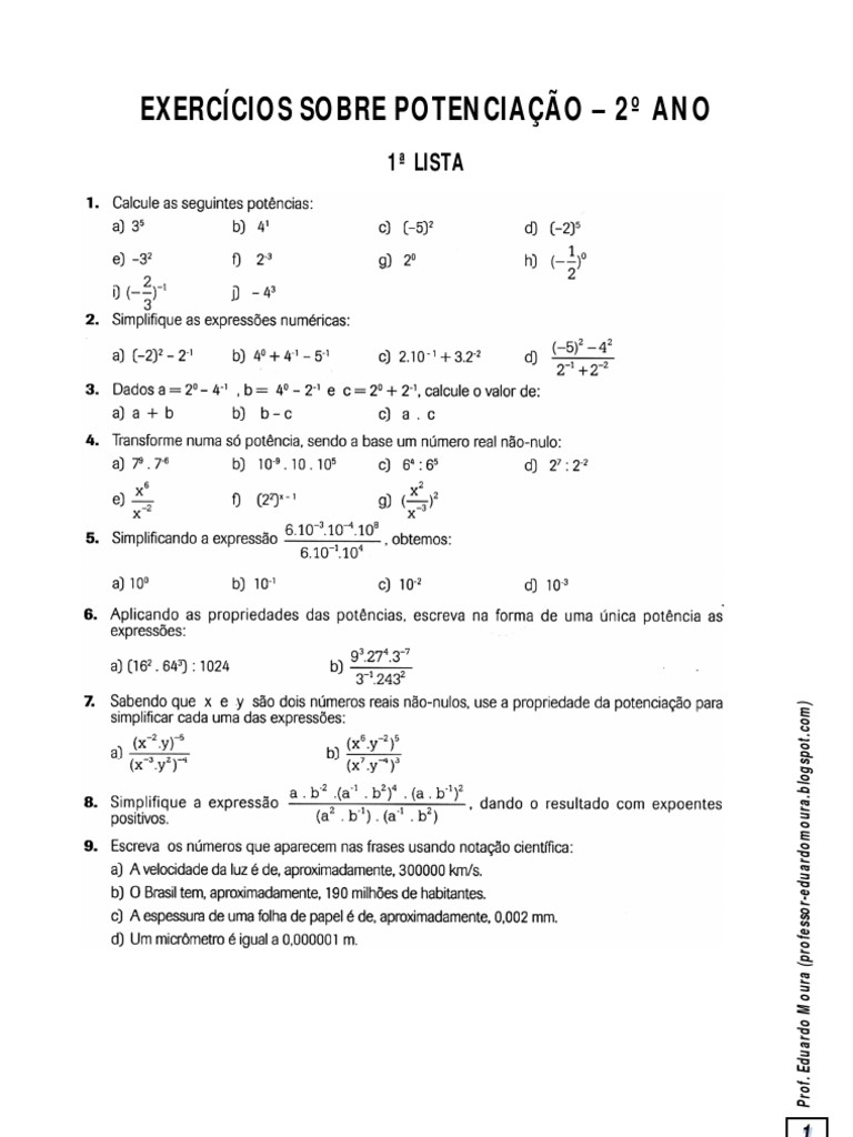 Exercícios Sobre Potenciação | PDF