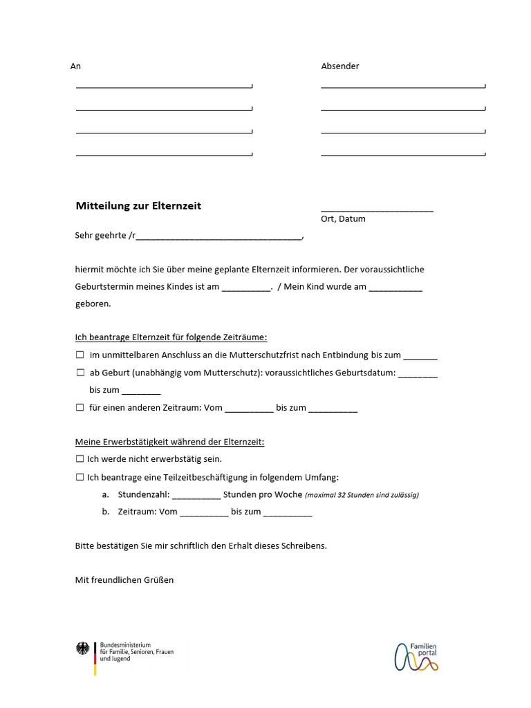 Musterformular Mitteilung Zur Elternzeit Data | PDF