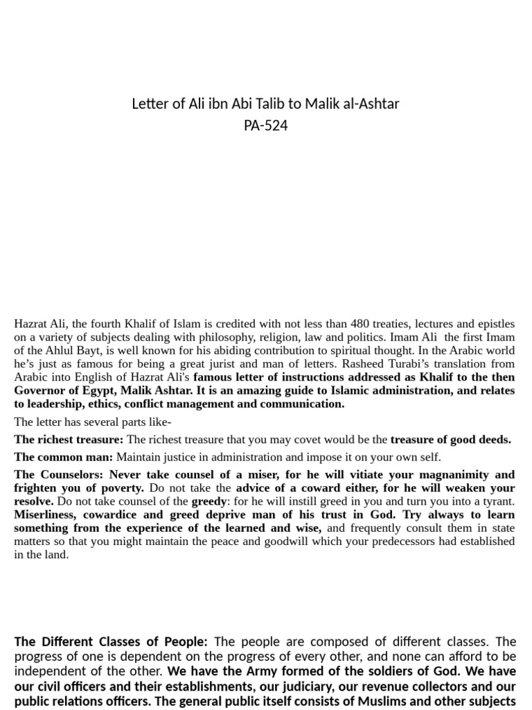 Letter of Ali To Malik Al-Ashtar | PDF | Ali | Caliphate