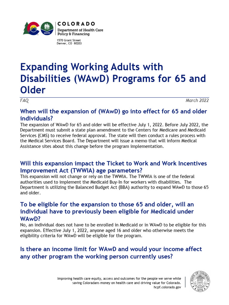 WAwD Program Expansion for Seniors FAQ | PDF | Cost Of Living | Medicaid