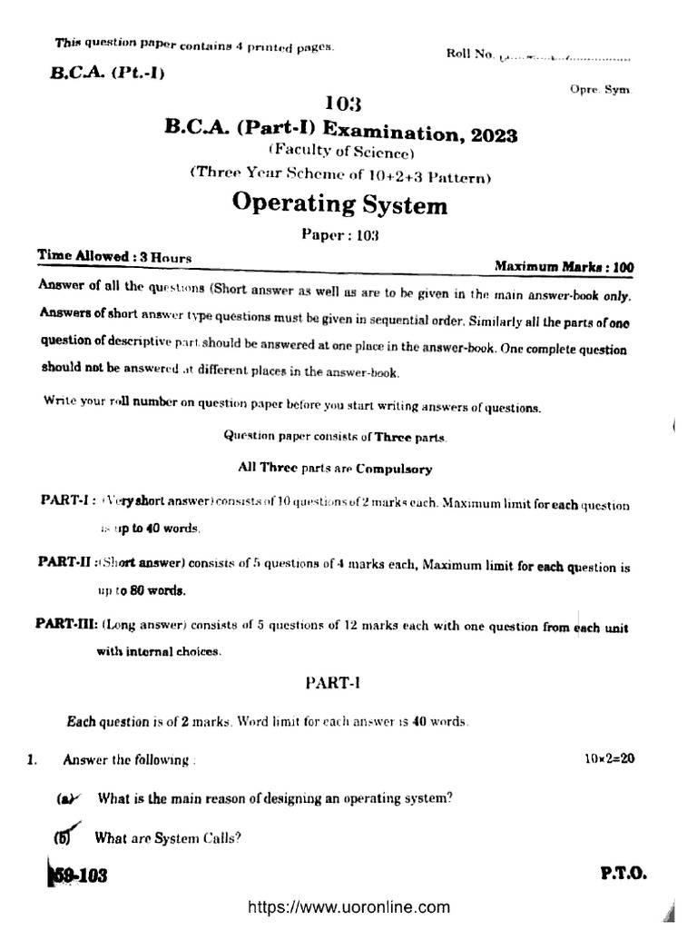 Bca Part 1 Operating System 103 2023 Exam Paper | PDF