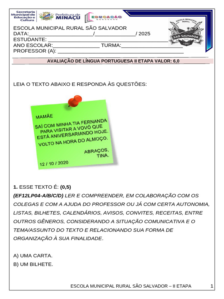 PROVA DE PORTUGUES 2 ETAPA 2025 (1) (1) (1) | PDF | Chapeuzinho Vermelho