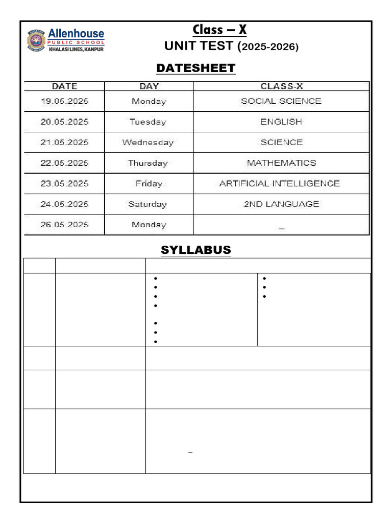 Class 10 2nd Unit Test Syllabus 2025 | PDF
