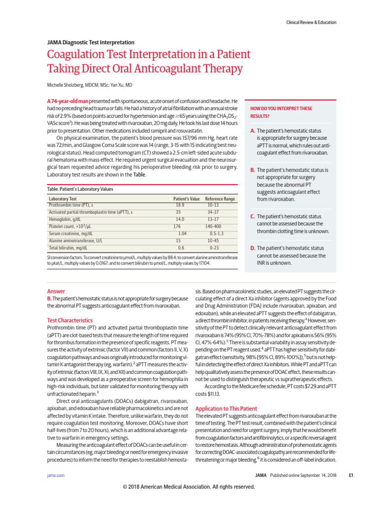 Coagulation Test Interpretation in A Patient Taking Direct Oral Anticoagulant Therapy | PDF ...