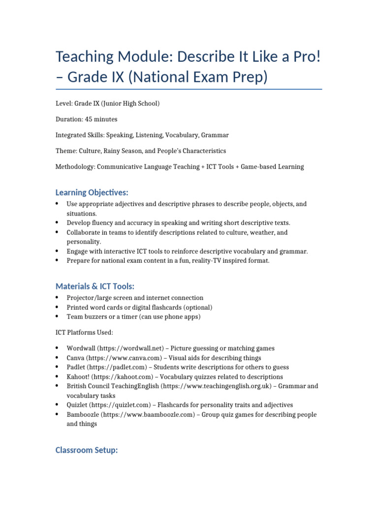 Describing Things Grade IX Module Updated | PDF | Educational ...