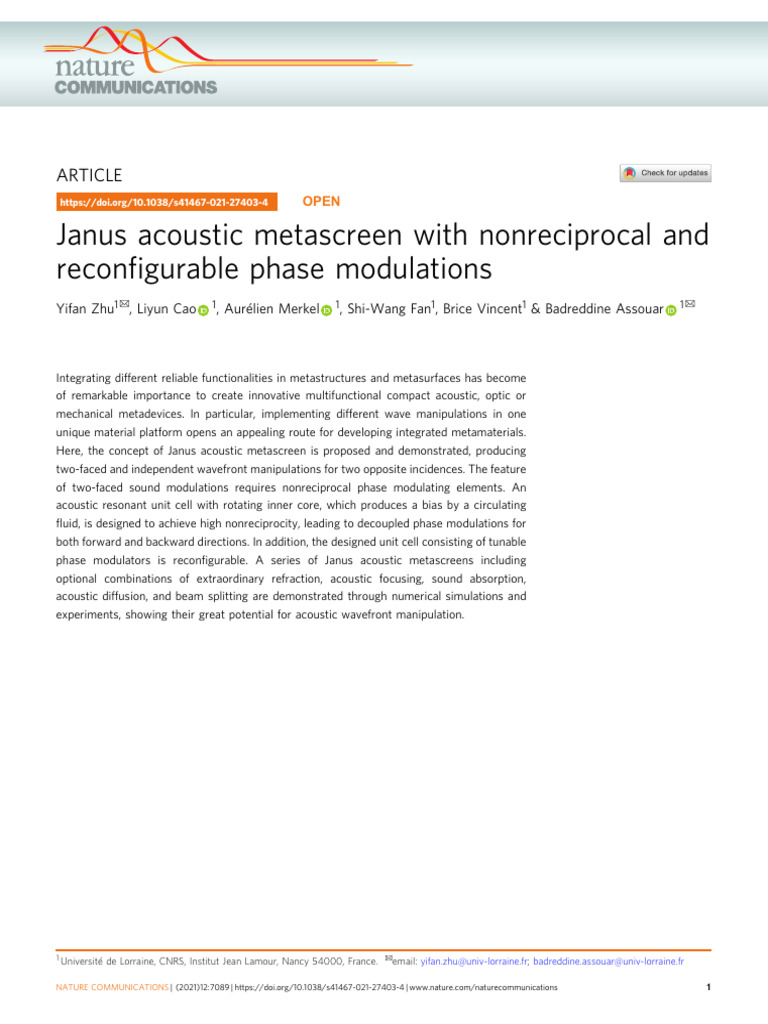 Janus Acoustic Metascreen With Nonreciprocal and Reconfigurable Phase ...