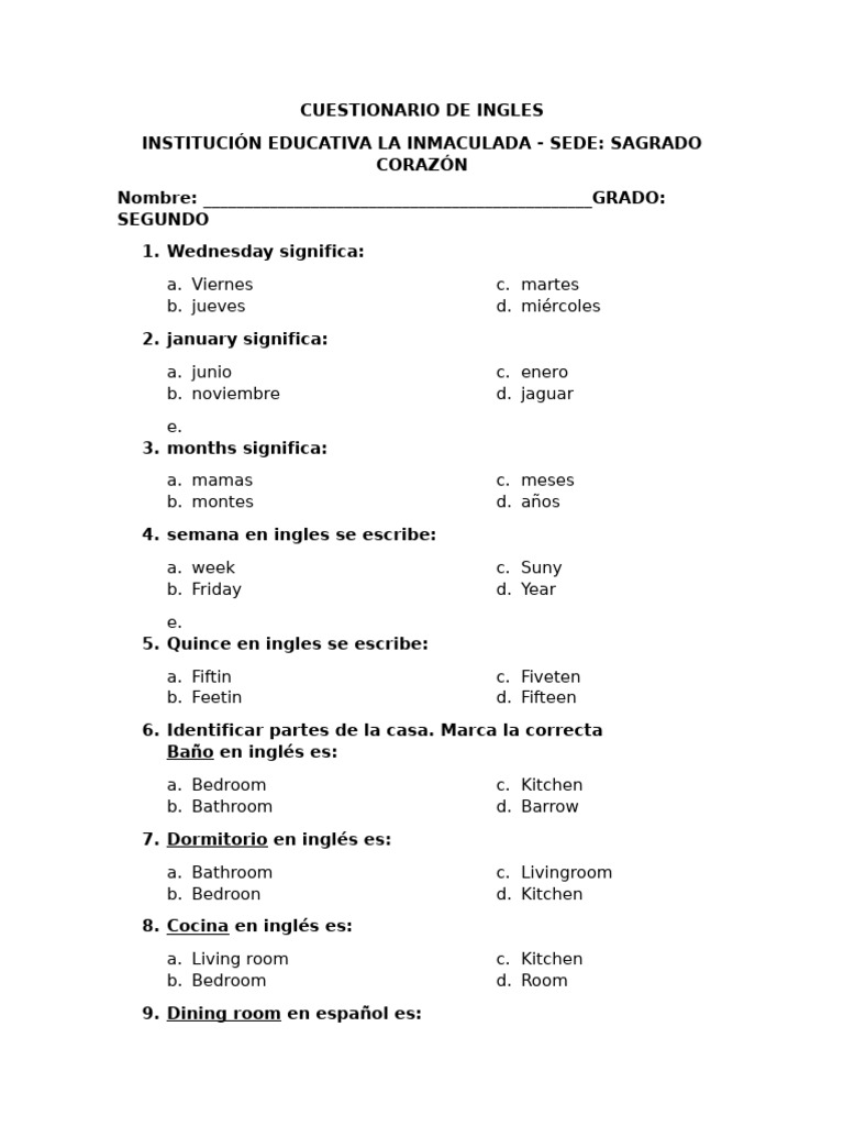 Cuestionario de Inglés para Segundo Grado | PDF