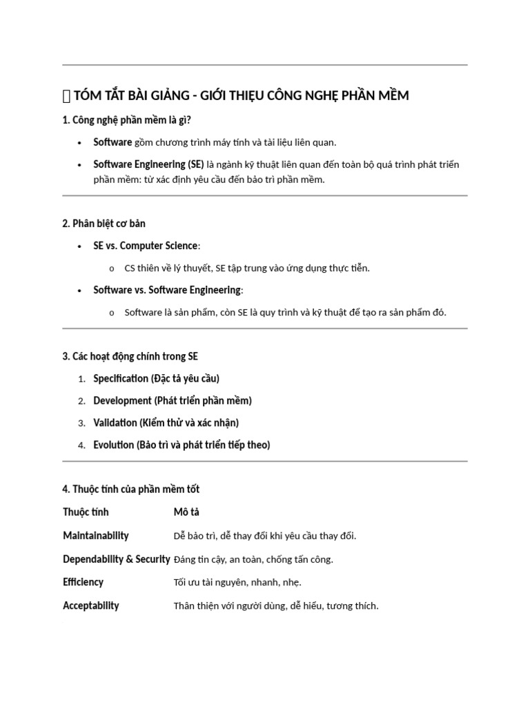 TÓM TẮT SOFTWARE ENGINEERING | PDF