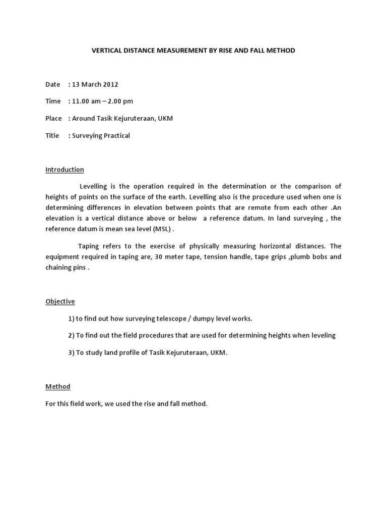 Vertical Distance Measurement By Rise And Fall Method Surveying Scientific Observation