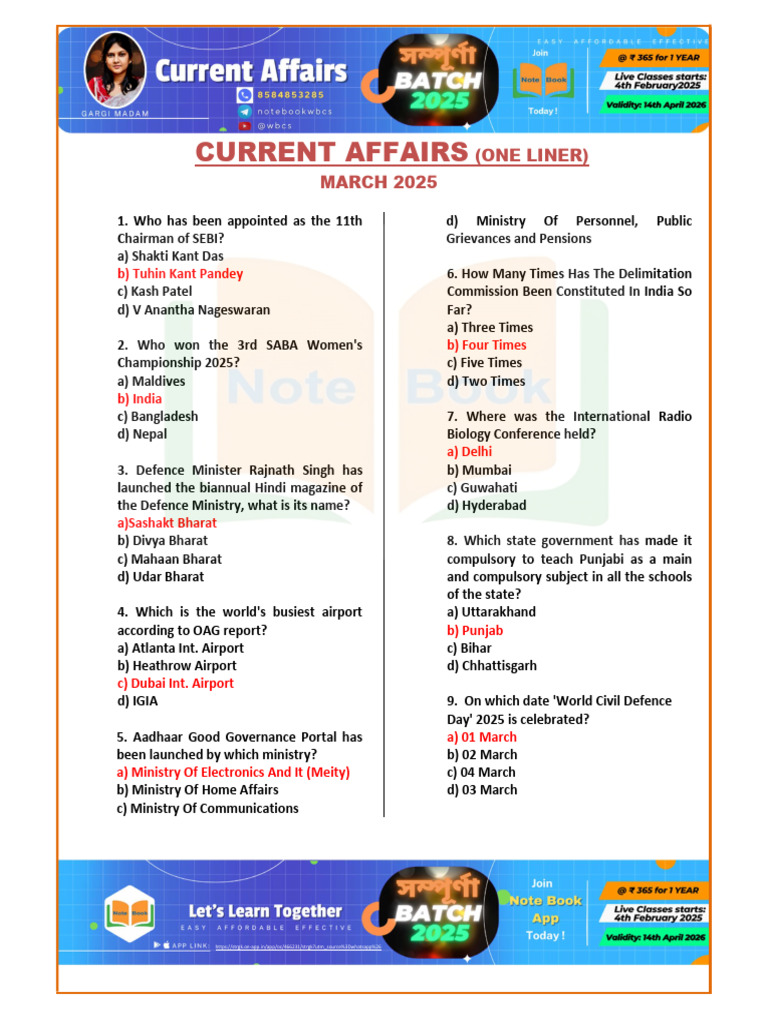 Current Affairs March 2025 Summary | PDF