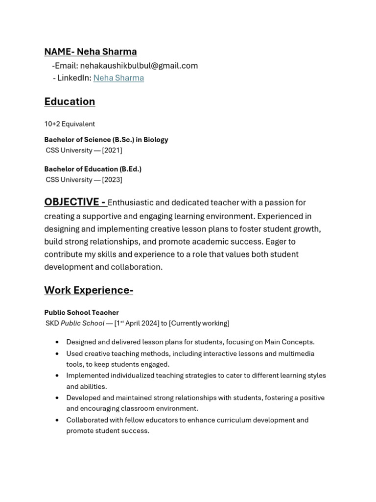 Neha Sharma: Passionate Educator Profile | PDF