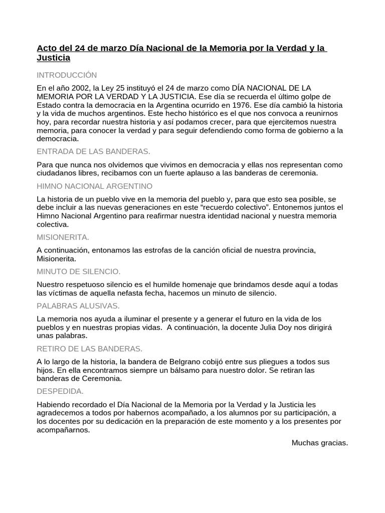 Acto Del 24 de Marzo Día Nacional de La Memoria Por La Verdad y La ...