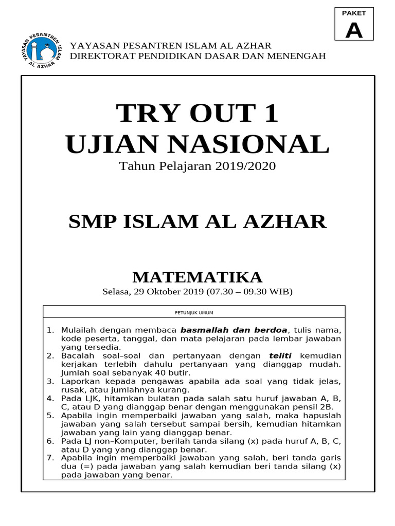 Try Out Matematika SMP Al Azhar 2019 | PDF