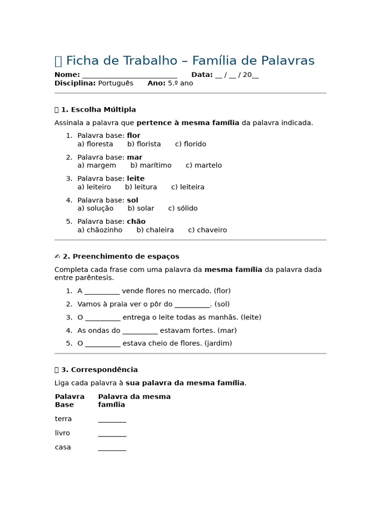 Atividades sobre Família de Palavras | PDF
